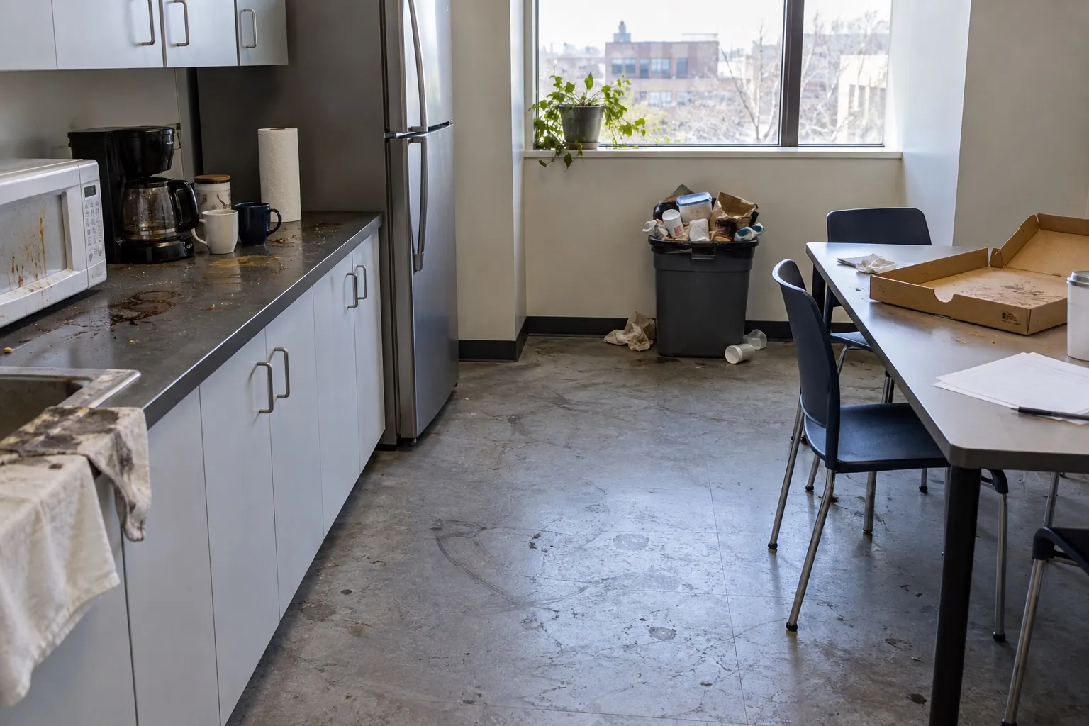 Office break room before cleaning